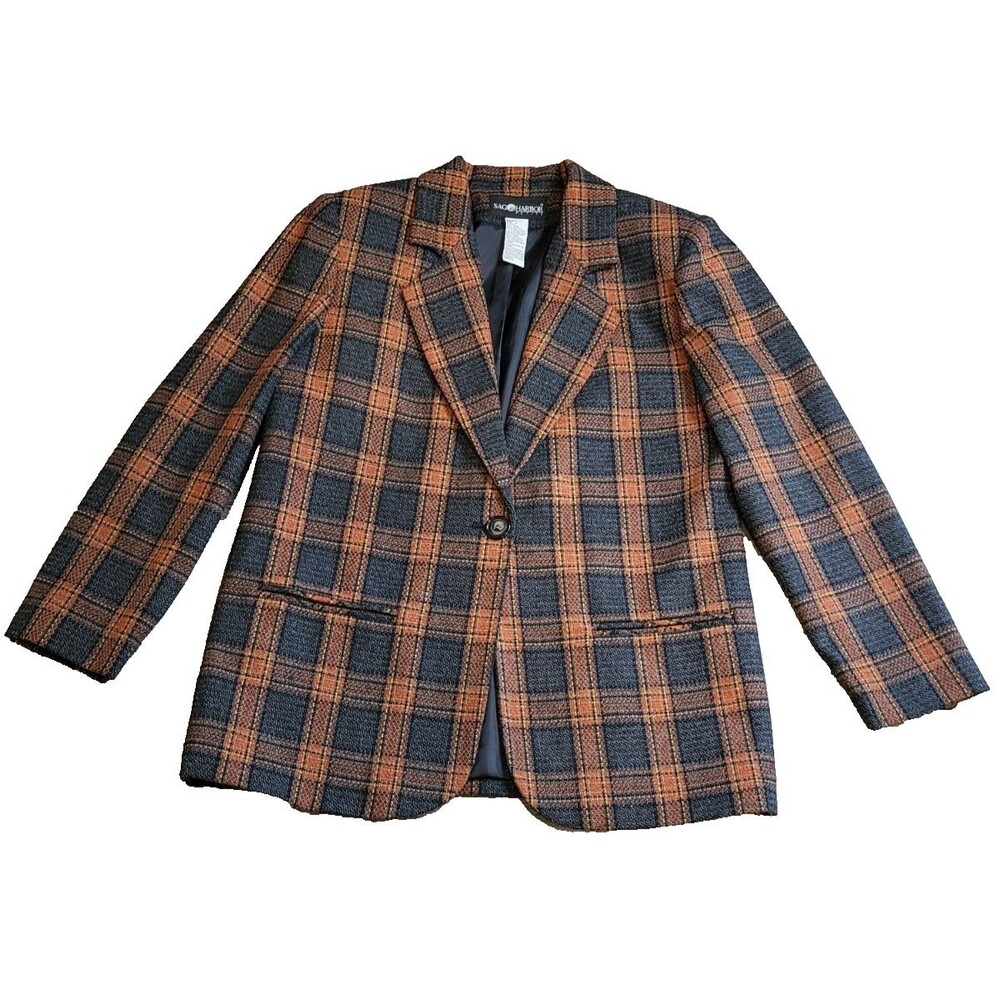 SAG HARBOR PETITE blazer size 8 orange black plaid wool blend dark academia